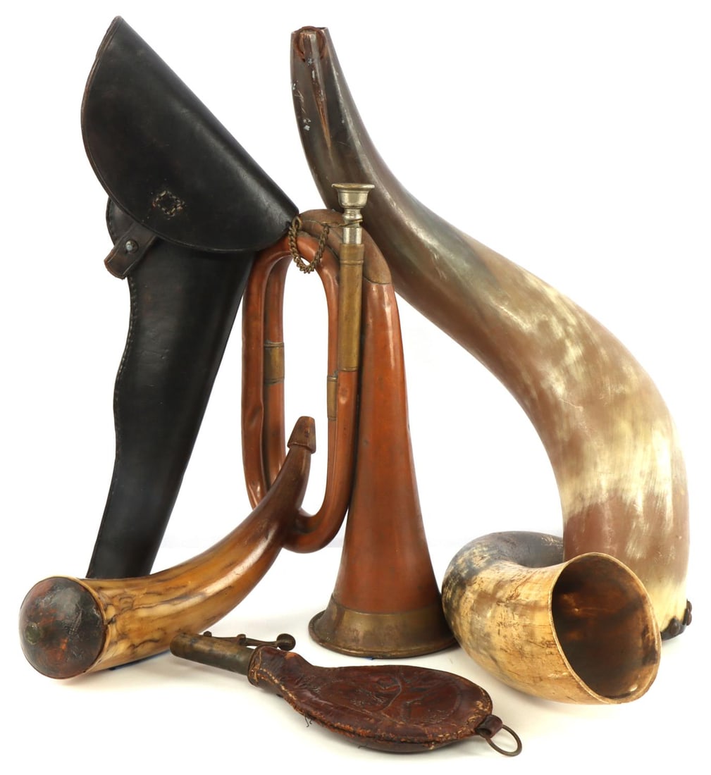 INDIAN WARS LOT BUGLE SA HOLSTER POWDER HORN LOT: Includes unmarked copper and brass working bugle, leather shot measure, Single Action revolver holster,not period later but super crafted and useable, unmarked, 3 powder horns, the largest missing sto
