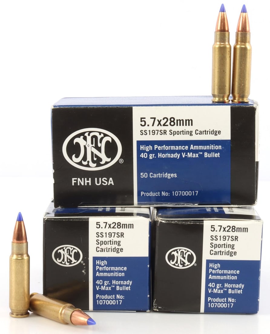 150 ROUNDS OF FN 5.7 X 28MM HORNADY V-MAX AMMO: 40 grain High Performance ammunition. Comes in 3 boxes of 50 rounds each. No international shipping.
