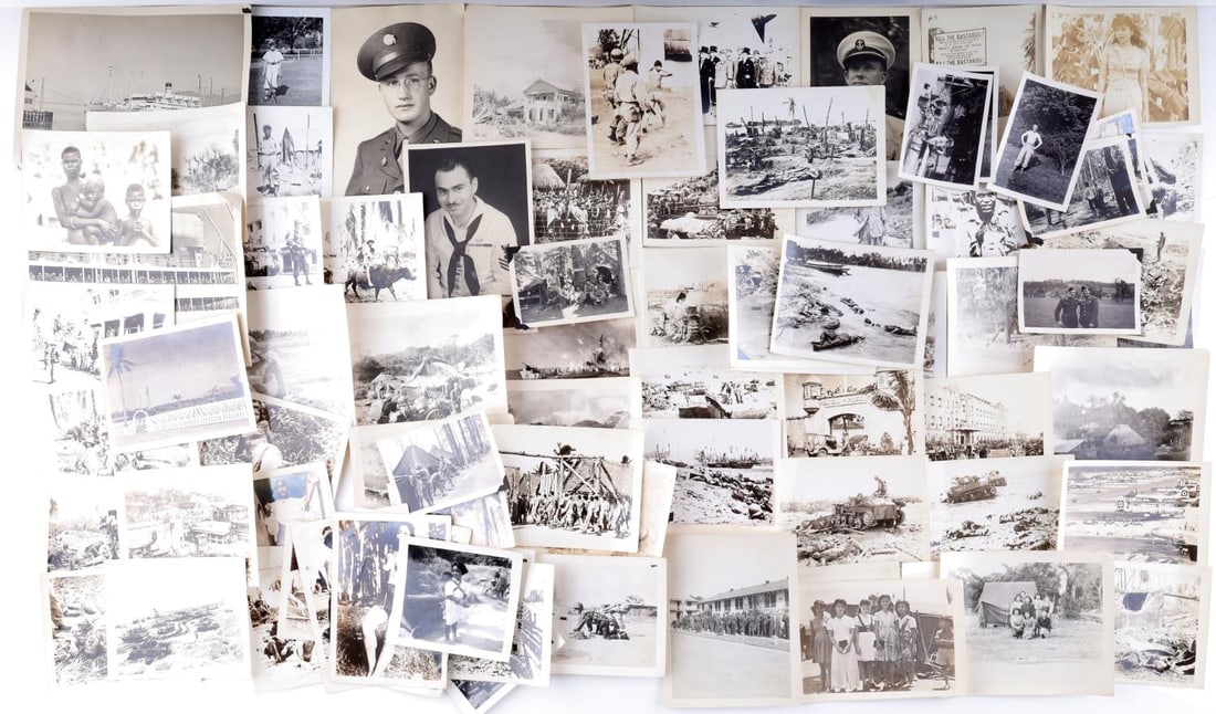 82 WWII PACIFIC CAMPAIGN WARTIME PHOTOGRAPH LOT: Lot of eighty-two (82) WWII Pacific Campaign Wartime photographs including photos of nude women, United States, British, and Australian soldiers, portrait photos of servicemen, POW camps, dead soldier