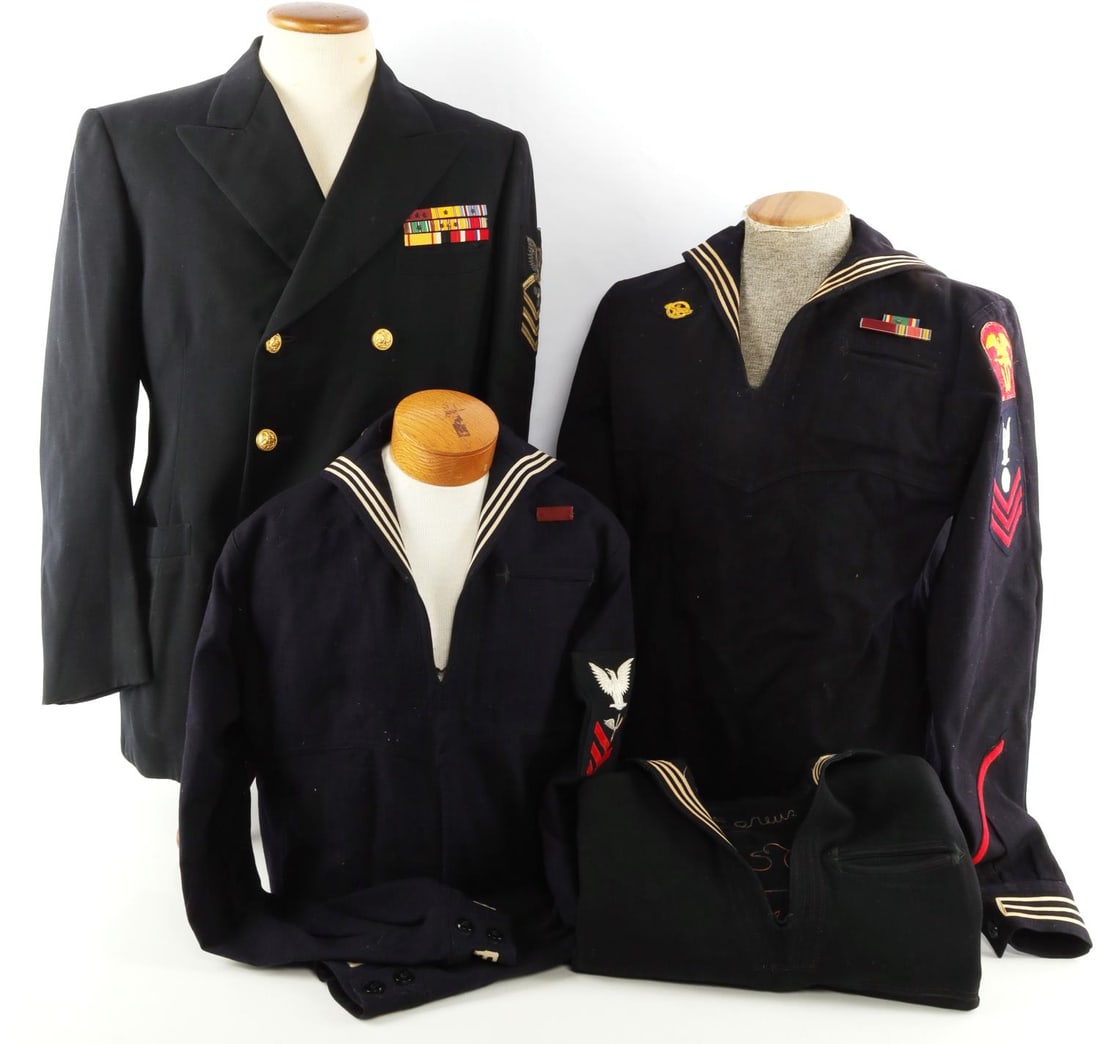 4 WWII U.S. NAVY PETTY OFFICER & CPO UNIFORM LOT: Tunic or tops only, Chief Machinist Mate with ribbons and bullion insignia, custom tailored not named about a 42 R, Gunners Mate small with rank on right arm, custom embroidered, Aviation Boatswain ma