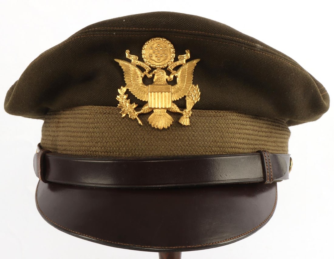 WWII US ARMY AIR FORCE OFFICE VISOR CAP LONDON: Thomas & Stone Hat & Cap Makers (London). Inside fabric is worn, plastic liner intact. Some cracking to visor. Sweatband and chin strap may have been replaced. A few stains, but no mothing present. No