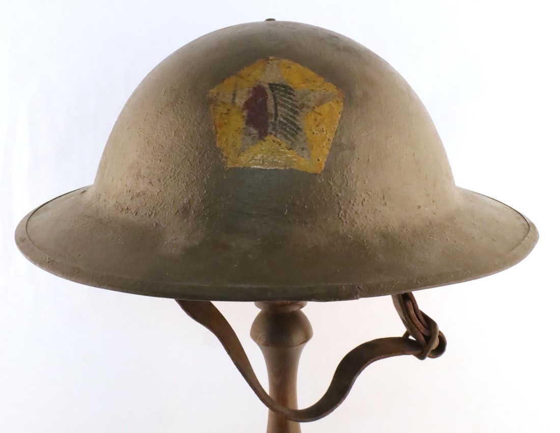 WWI US ARMY 2ND DIVISION 2ND BN DOUGHBOY HELMET: Standard doughboy helmet with US Army. insignia, liner and chinstrap are intact. Very good condition overall.