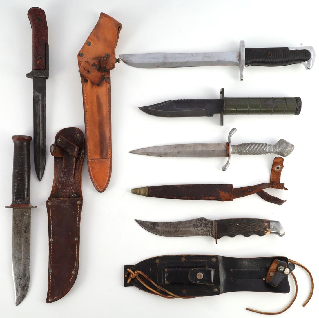 WWII & POST WAR BAYONETS FIGHTING KNIVES & MORE: 6 in total. Filed down M1 Garand PAL bayonet, VZ 58 bayonet, and many more. All in good condition.