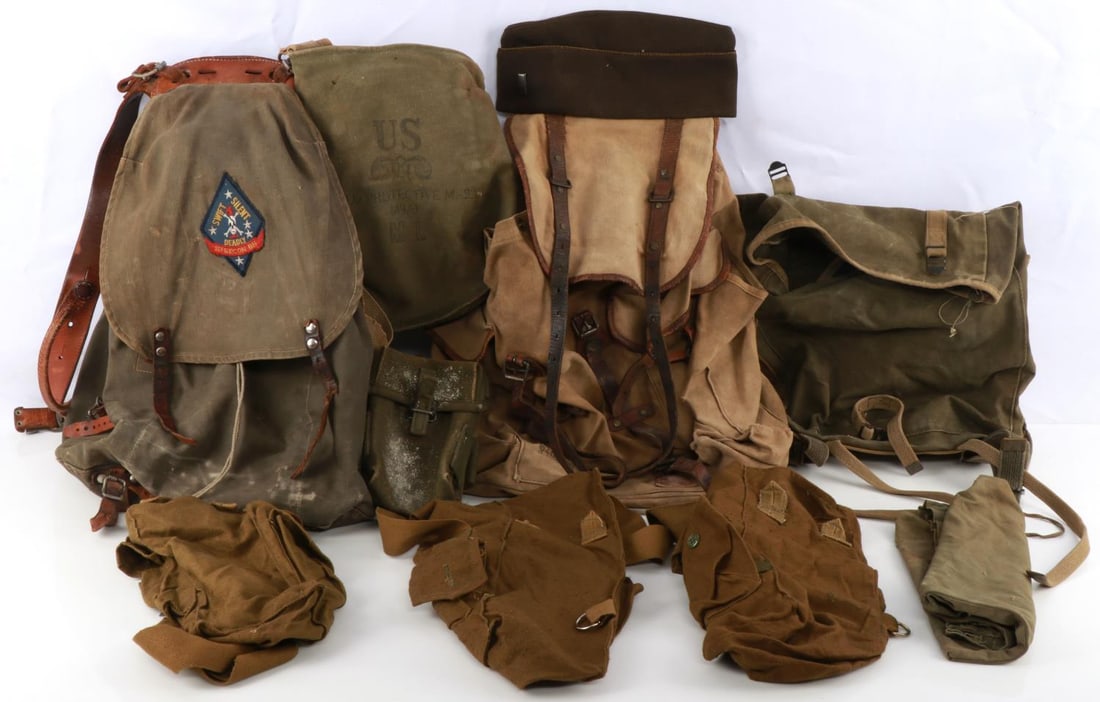 WWII SWEDISH GERMAN 1ST RECON BN RUCKSACK LOT: The Swedish rucksack for some reason has an early 1ST Recon BN. patch, all items good and serviceable.