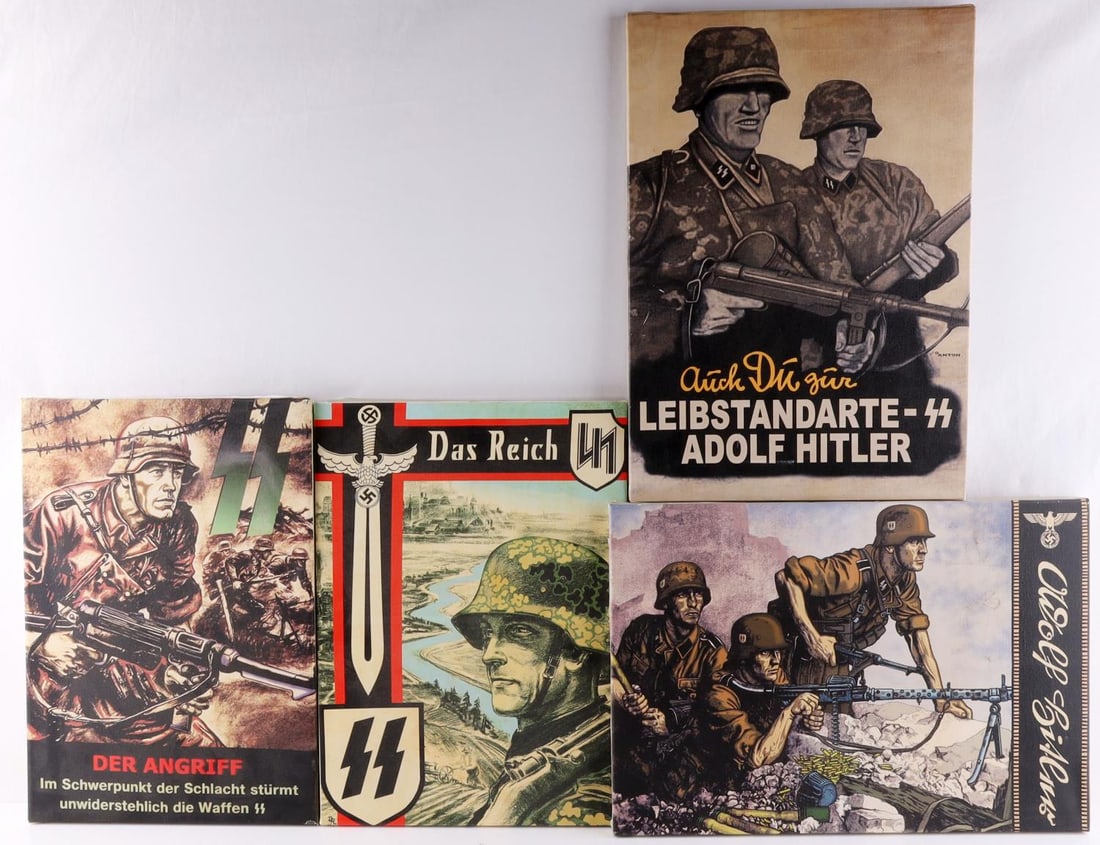 WWI GERMAN THIRD REICH WAFFEN SS GICLEE ART WORK: 4 Post war commemorative SS Giclee group, unframed on board, 2 measure 16 x 11 inches, the other 2 17 1/2 x 12 inches.