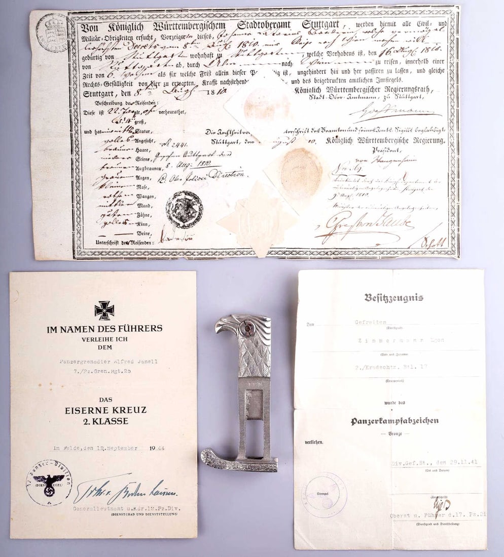 4 WWII GERMAN AWARD DOCUMENTS & POLICE BAYONET: Lot of four(4) German items including three documents: two are WWII German Reich awards documents for an Iron Cross and a Tank Combat badge, third is a 1810 document from Wierttenburg with a wax seal.