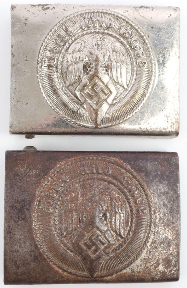WWII GERMAN REICH HITLER YOUTH BELT BUCKLES: No markings on reverse, one with more finish loss than the other. Both with prongs on reverse.