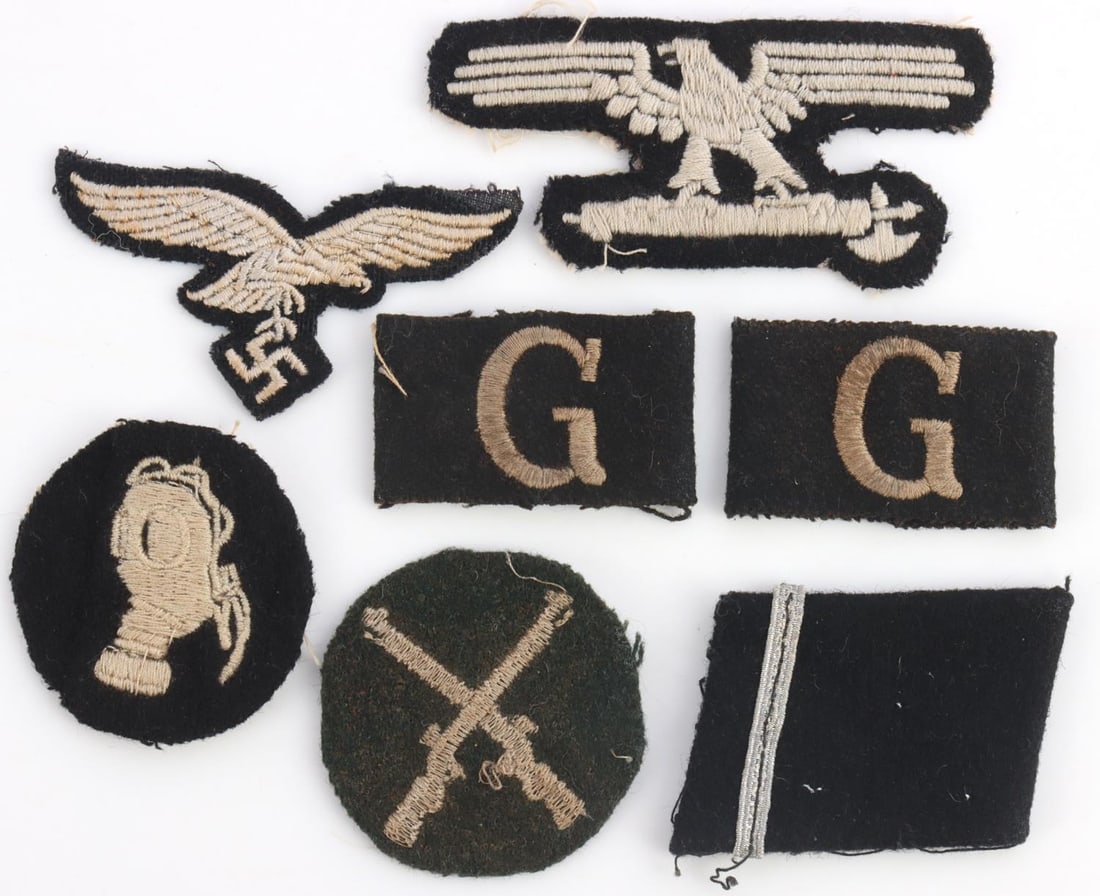 6 WWII GERMAN REICH LUFTWAFFE & SS INSIGNIA PATCH: Lot of six (6) WWII German Reich insignia patches including a Hermann Goering Division Luftwaffe cap eagle, an SS NCO gas warfare specialist patch, a pair of SS Germania division shoulder loops, an SS