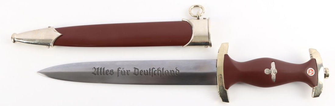 WWII GERMAN THIRD REICH SA HONOR DAGGER BOKER: WWII German Third Reich SA dagger with a double edged steel blade stamped Boker, Solingen. The blade is engraved with a motto in German, Everything for Germany. Dimension: 14.5 total length blade 8.25