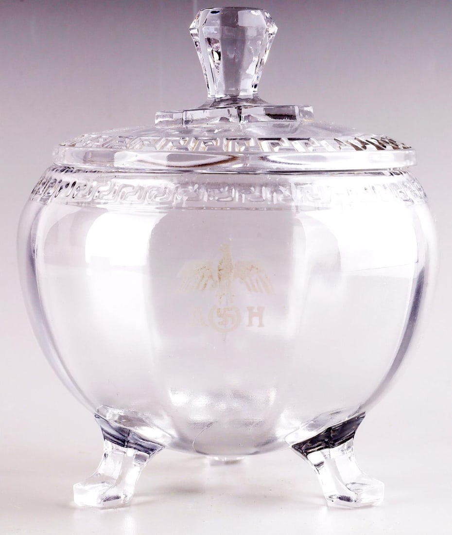 WWII GERMAN REICH ADOLF HITLER GLASS BOWL W COVER: WWII German Reich Adolf Hitler Glass candy bowl with lid. Bowl features "AH" initials and insignia eagle. No chips or cracks in the glass of bowl. Good condition. Unauthenticated, sold as is.