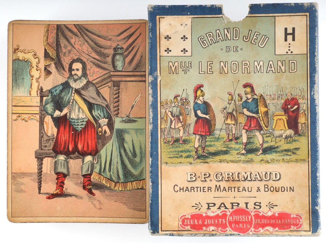 ANTIQUE B.P. GRIMAUD MLLE LE NORMAND TAROT CARDS: Antique 1940 Grand Jeu de Mlle Le Normand Astromythological Cards published by Baptiste-Paul Grimaud in Paris, France. Comes in original box. Card deck includes 54 out of 54. Card sizes approx. 3 1/2 