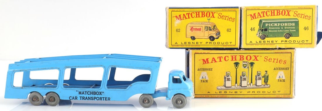 4 VINTAGE MATCHBOX SERIES TRUCKS & CAR TRANSPORTER: Lot of four (4) Vintage Matchbox Series, "A Lesney Product", toys including A-1 New Model B-P Garage Pumps and Signs, New Model 62 TV Service Van, #46 Pickfords Removal Van, and one "Matchbox" car tra