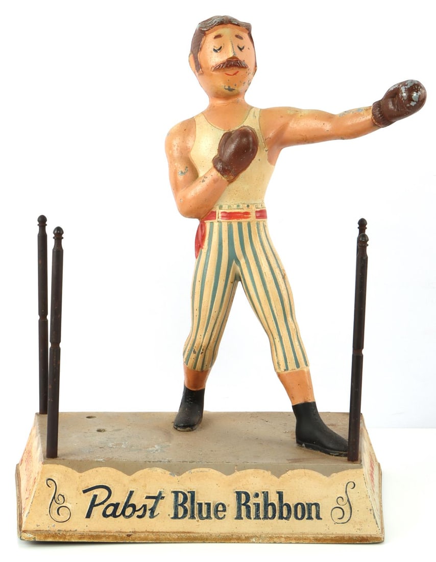 VINTAGE PABST BLUE RIBBON ADVERTISING BOXER: Missing beer bottle and ropes. Very good condition otherwise. Measures 12 1/2 X 7 X 15 inches.