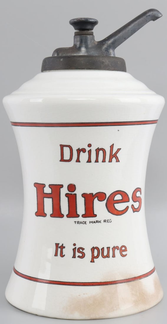ANTIQUE HIRES SYRUP DISPENSER PATENT 1920: The metal dispenser has patent date Dec. 14th, 1920, and the base of the container reads "Patent Applied For Loaned by and the Property of The Charles E. Hires Company Philadelphia." Crazed and dark a