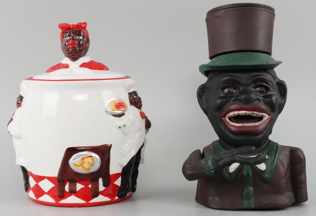 BLACK AMERICANA COOKIE JAR & JOLLY CAST IRON BANK: Vintage Americana lot includes KMC Aunt Jemima lidded cookie jar, height 8 inches, no chips. Second is the Jolly Boy mechanical cast iron bank with movable arm. Height 8.5 inches. in good condition.