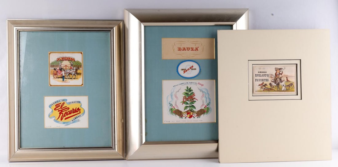 ANTIQUE CUBAN CIGAR LABELS & CURRIER & IVES CARD: Early 20th century Bauza cigar and El Recurso labels professionally matted and framed along with a 3.5 x 5 inch Currier and Ives ephemera postcard art from the late 1900's.