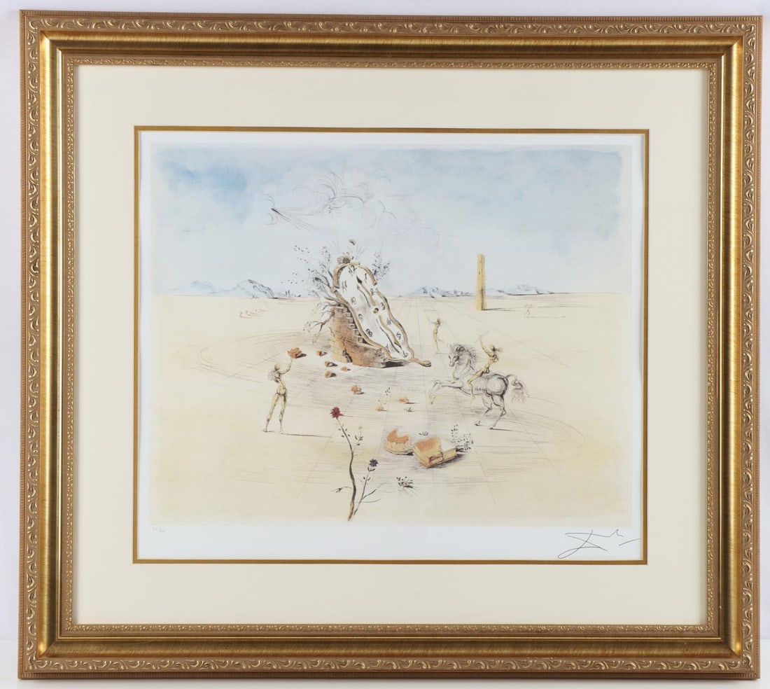 DALI COSMIC HORSEMAN SURREALIST LITHOGRAPH W COA: "Cosmic Horseman" by Salvador Dali (1904-1989, Spanish). Surrealist print with certificate of authenticity. Edition size 500 with interpretive signature. Published by Alternative Graphics. Destroyed a