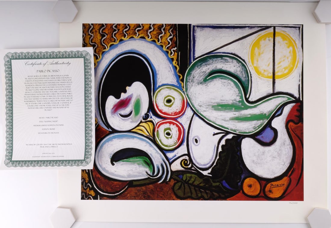 PABLO PICASSO LITHOGRAPH SLEEPING NUDE W COA: Sleeping Nude Limited Edition on paper no. 96/300 Signature in the plate with Certificate of Authenticity. Dimensions: 20x24 inches Condition: very good, unmounted.
