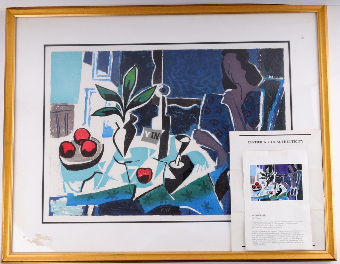 JOHN GERARD VIN CONTEMPOARY ART ETCHING W COA: Artist: John Gerard Title: Vin Medium Method: Original Carborundum etching Editioned at: London Contemporary Art date 1998. Dimensions: framed approx 31 X 24 inches, etching only - 22 X 16 inches.
