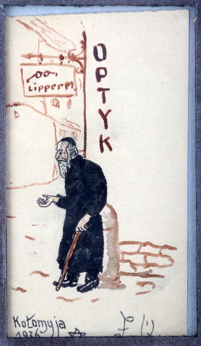 1936 POLISH ANTI-SEMETIC PROPGANDA PAINTING SIGNED: 9 1/2 X 7 1/2 inches, framed. Depicts blind Jewish man begging for money in front of an Optician office. Bottom left reads Kotamyja 1936 with a Star of David. Bottom right signed by artist.