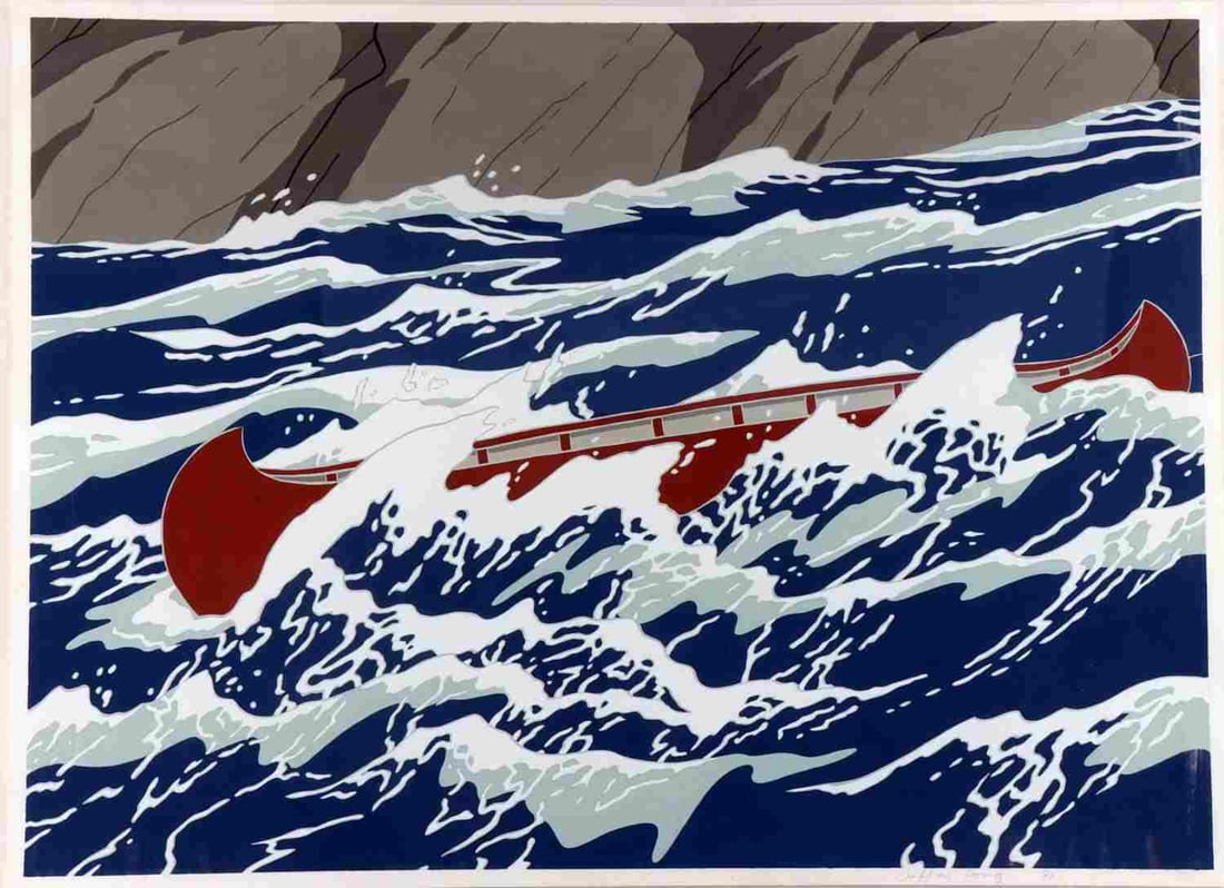 JEFFERY LONG GOUCHE ON PAPER PAINTING: Original gouache on paper by Jeffery Long. Title: Canoe in Rapids. Signed and dated '81. Set atop gallery style stretcher in 3 sided acrylic case. Total dimensions are approx. 27 X 35 inches.
