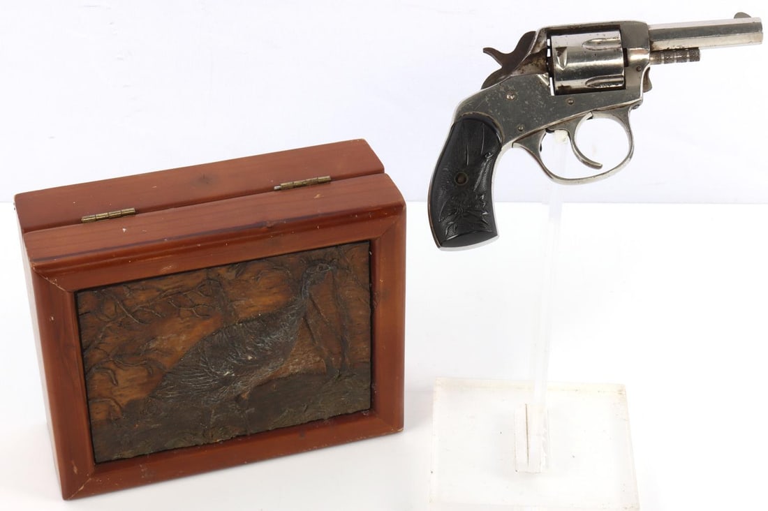 IVER JOHNSON AMERICAN BULL DOG .32 CAL REVOLVER: Includes wooden hinged box with carved bird to lid. Box dimensions 7 X 3 X 5.5 inches. Requires FFL for transfer. No international shipping. Know your state laws before bidding. Caliber: .32 Serial #:
