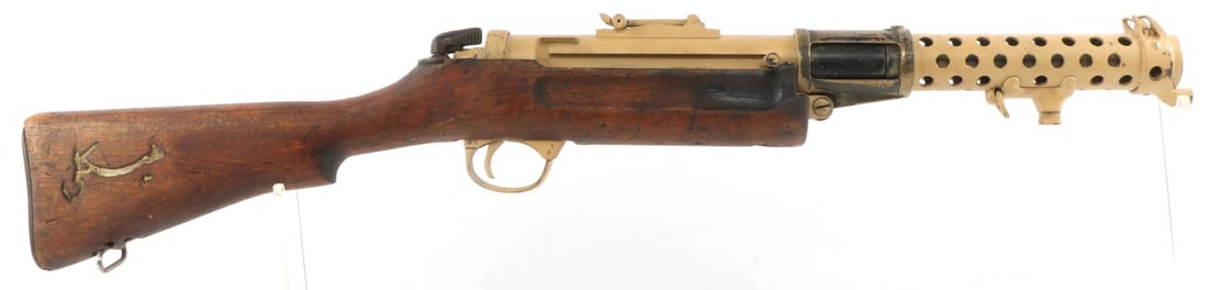 WWII BRITISH LANCHESTER MK1 DISPLAY SUBMACHINE GUN: WWII British, Lanchester MK 1, display submachine gun. Magazine port is marked, "LANCHESTER MK. 1." and #55195. Includes one removable magazine, marked M/158. Rear adjustable sight. Stock features eng