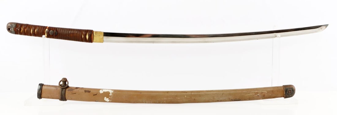 WWII JAPANESE SHIN GUNTO SWORD W ANCESTRAL BLADE: Blade is in full polish with active hamon. Blade edge measures 25 7/8 inches. Tang measures 8 inches and is signed. Tsuka is bamboo and ray skin with cloth wrap. Missing tsuba and fuchi. Very good con