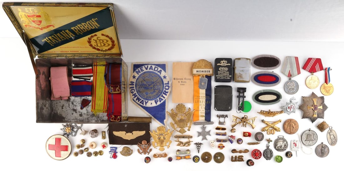 WWI WWII MILITARY MEDAL LIGHTER BADGE LOT: Sold as is, found in estate by family members, some sterling and other items, Military, Fraternal , and foreign.