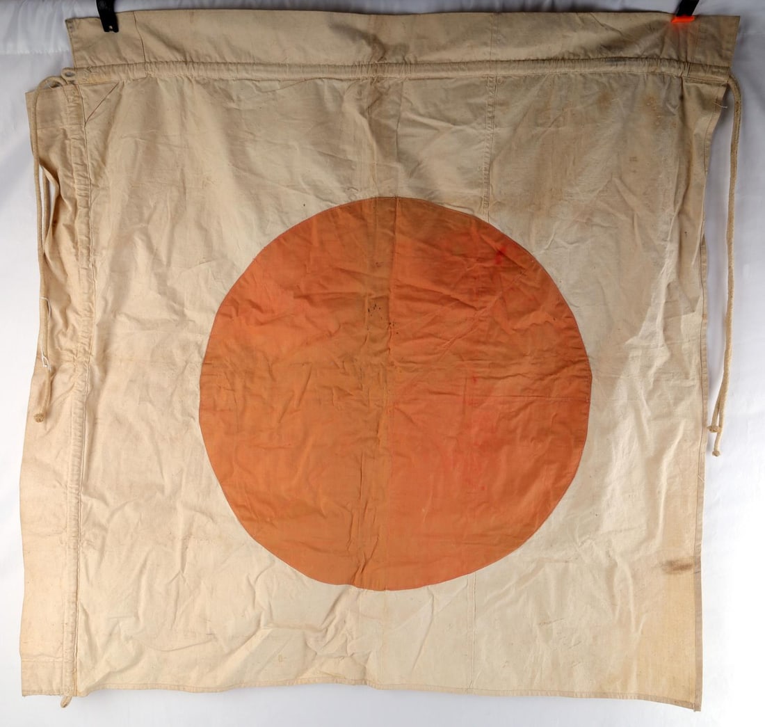 WWII JAPANESE NATIONAL MEATBALL FLAG 35 X 39 INCH: In very good original condition. Some moderate staining present. Unmarked.