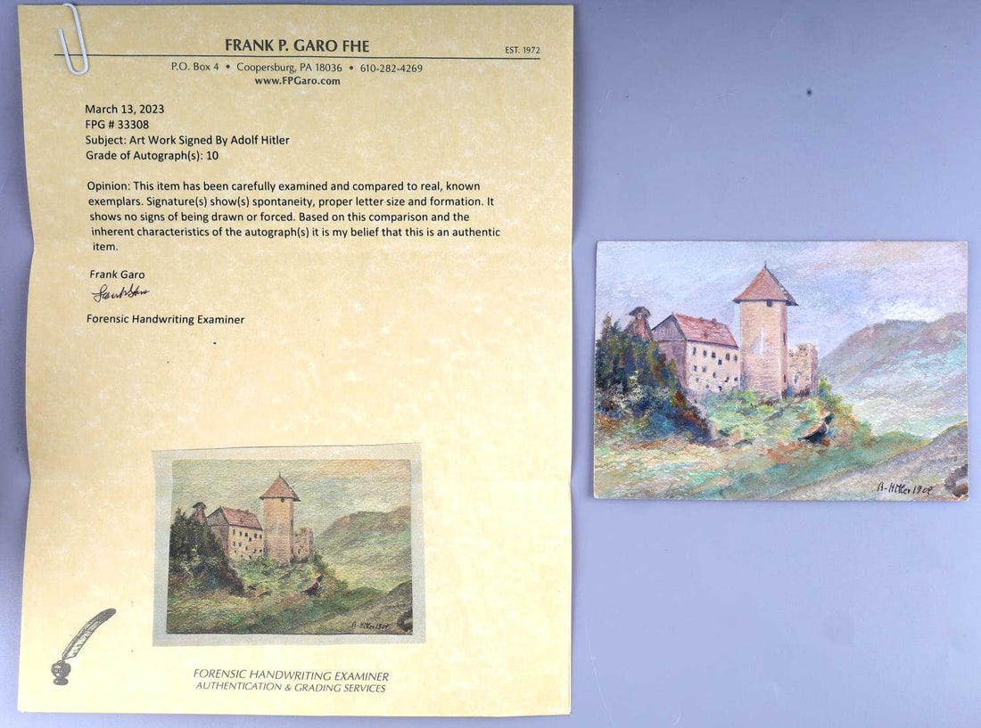 ADOLF HITLER VIENNA PERIOD AQUARELLE PAINTING: 5 3/4 x 4 inch postcard size watercolor painting signed A. Hitler 1908. Adolf Hitler, dictator of Nazi Germany from 1933 until his suicide in 1945, was also a painter. He produced hundreds of works wh
