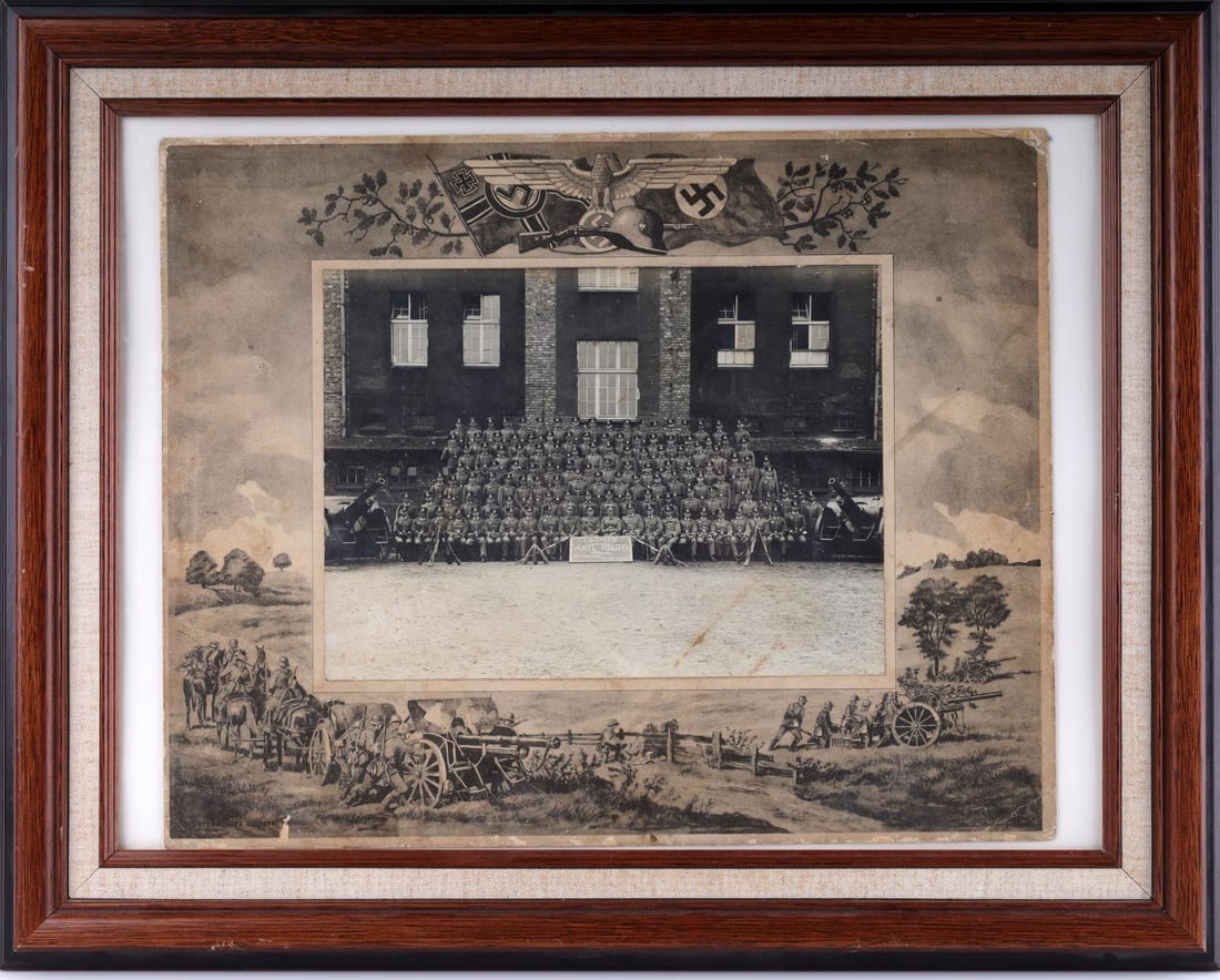 WWII GERMAN THIRD REICH PICTURE OF 1ST BATTERY: WWII German Third Reich framed picture of 1st Battery artillery regiment 8 with battery chief Major Graf. Photo dimension is 6 X 9 inches, 19.5 X 16 inches (framed). Unauthenticated and sold as is.