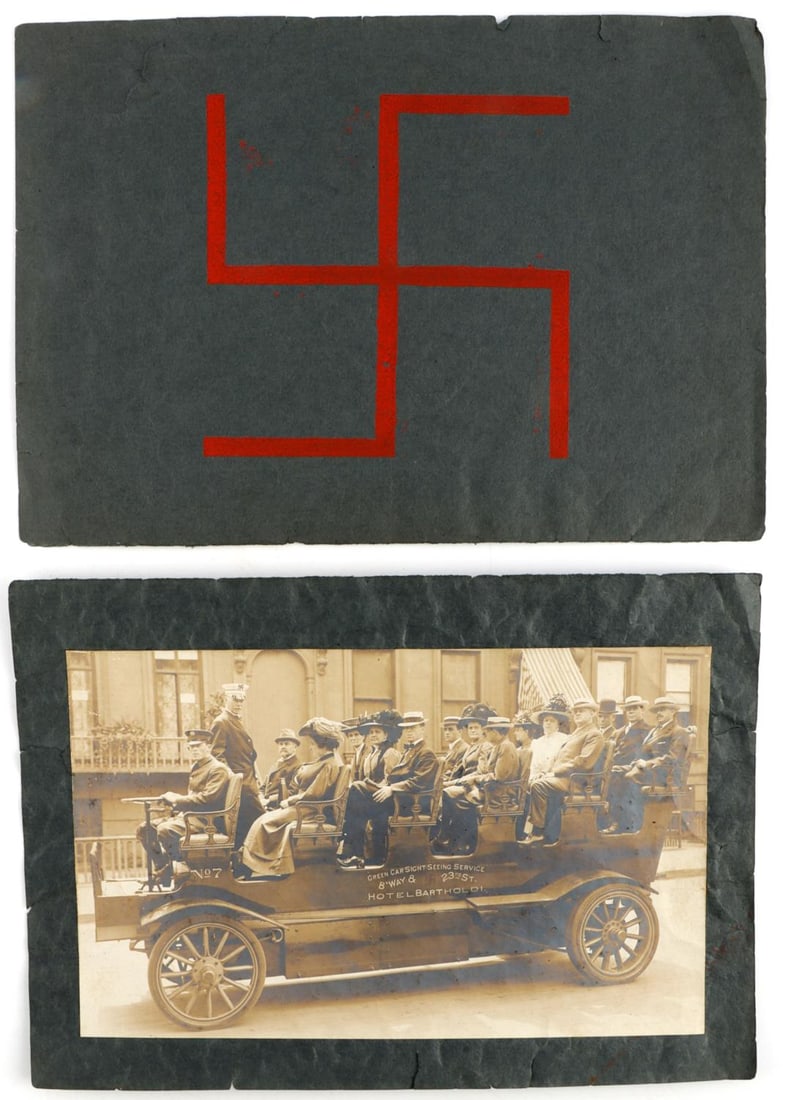 GREEN CAR SIGHTSEEING TOUR 1910 SWASTIKA CAR: The logo of this sight seeing tour in New York City, was "if the Swastika was not on your ticket you were not getting a square deal". Brochure for tour with photograph note tour guide with Swastika ha