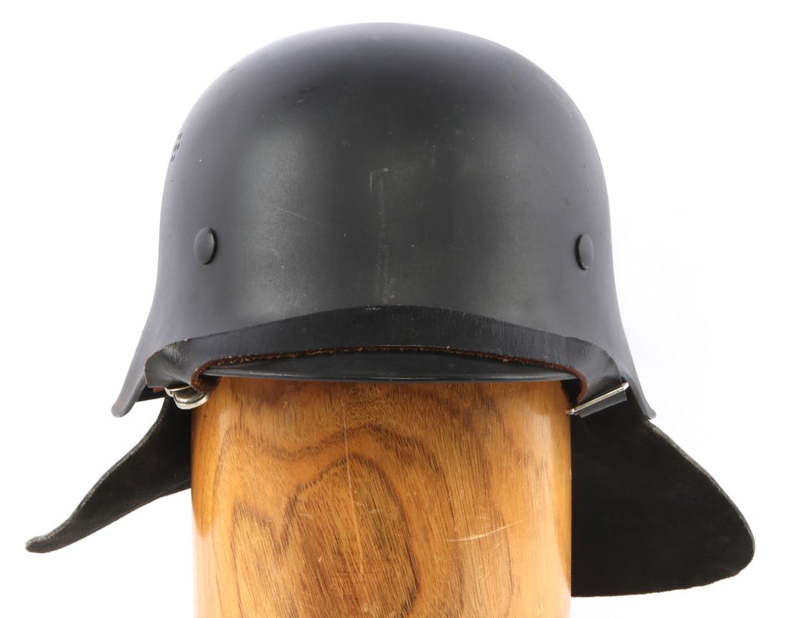 GERMAN FIRE POLICE HELMET WITH LEATHER NECK FLAP: WWII helmet without markings, so most likely for post war work, as new.