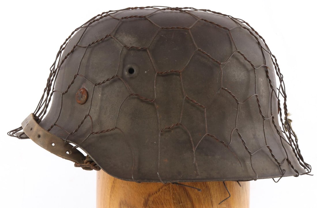 WWII GERMAN AZADHING FRIES INDIEN CORP M42 HELMET: Impressed 3827 rear inside, chicken wire Tiger Division, chin strap and liner, looks original, but can't say for sure, thus sold as is.