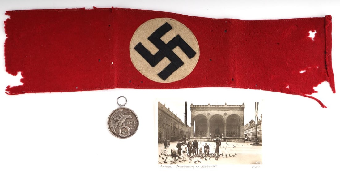 LOT OF 3 WWII GERMAN NSDAP ARM BAND MEDAL PIC: Lot of 3 WWII German Third Reich items includes one (1) blood red NSDAP arm band (does not fluoresce, some minor damage noted), one (1) WWII German Blood Order medal (not numbered), and one (1) Munich