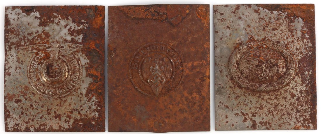 WWII GERMAN HITLER YOUTH & SS BELT BUCKLE MOLDS: Includes three belt buckle molds measuring about 3 15/16 inches tall by 3 3/16 inches. One for Hitler youth, one for Luftwaffe marked "1940", and one for the SS. Significant surface and finish loss th
