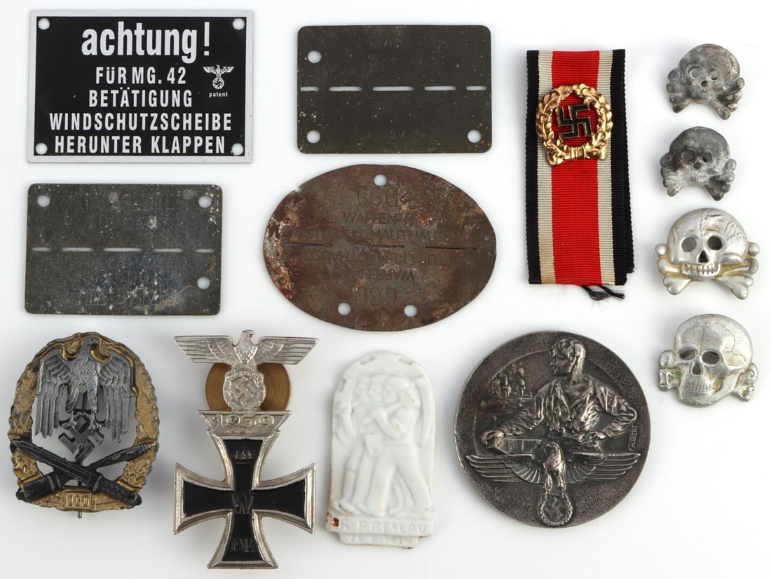 WWII GERMAN REICH TOTENKOPF SKULL & IRON CROSS LOT: Lot of thirteen(13) various WWII German Reich badges and medals including four Totenkopf Skull cap pins, a General Assault Badge 100, an Industry Award Medallion, an Heer Army Honor roll clasp, a 1914