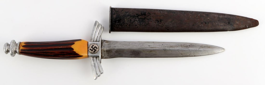 WWII GERMAN REICH DLV GLIDER CORP DRESS DAGGER: WWII German Reich DLV/NSFK Glider Corps dress dagger with scabbard. No visible makers mark on blade, has been filed. Aluminum crossguard and pommel. Grip is most likely not original. Blade length appr