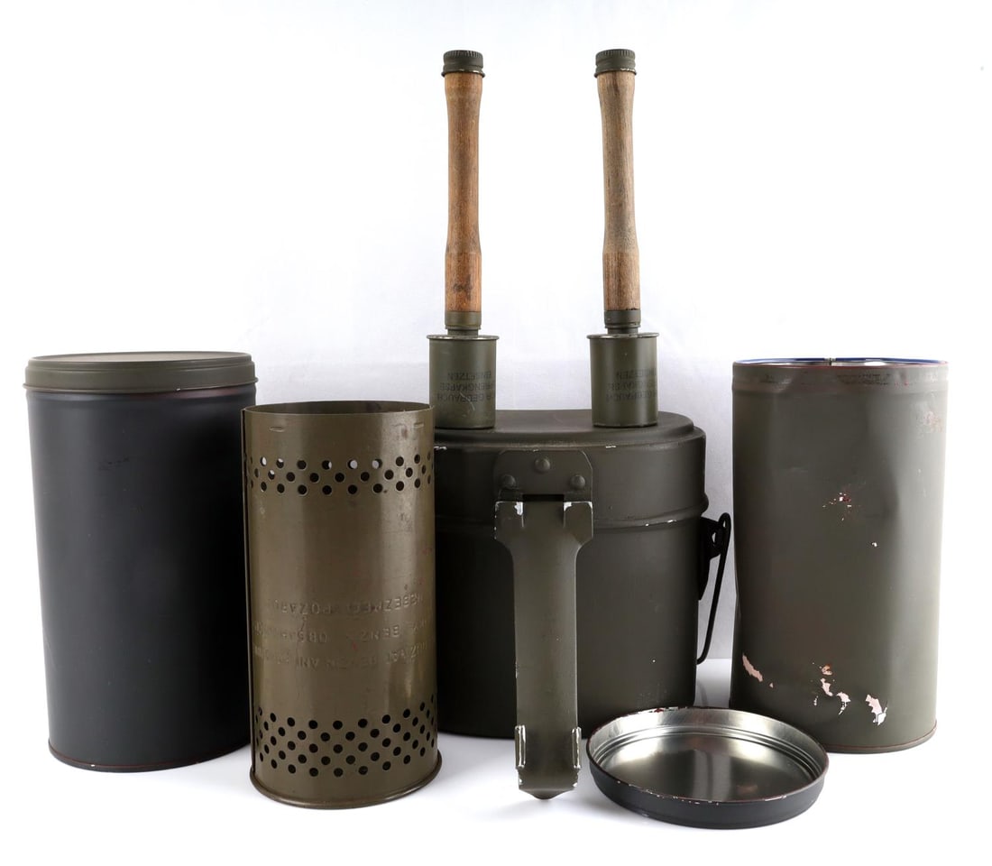 WWII GERMAN THIRD REICH LOT MINI GRENADES TINS: Assorted lot includes two (2) WWII German Third Reich dummy/replica mash potato stick grenades, one (1) mess kit, and three (3) modern tin canisters. Approx. dimensions: mini grenades 7 inches, tins 7
