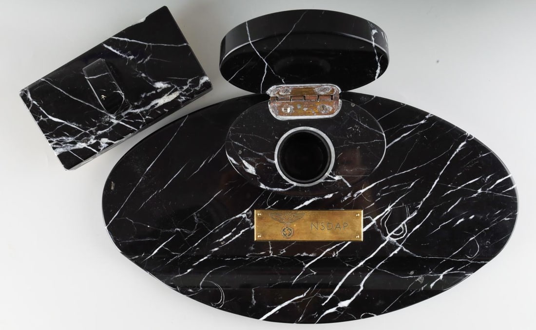 WWII GERMAN THIRD REICH NSDAP MARBLE INK WELL: WWII German marble ink well. Glass ink container and brass plaque with NSDAP engraved and blotter. No chips at all and in very good condition. Dimension: 13X7.5 and 3.5 inches tall. Unauthenticated an