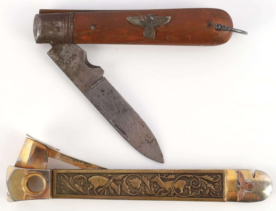 WWII GERMAN HEER OFFICER'S KNIFE & CIGAR CUTTER: Lot of two(2) WWII German Reich Heer Army Officer's pocket knife and cigar cutter. Both items feature the NSDAP party eagle/Heer Reichsadler insignia. Pocket knife blade length approx. 3 1/2 inches, f