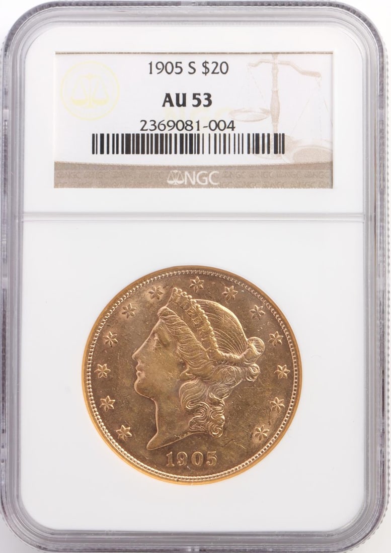 1905 S GOLD DOUBLE EAGLE $20 COIN NGC AU 53: Nice encapsulated high grade coin This lot has a reserve.