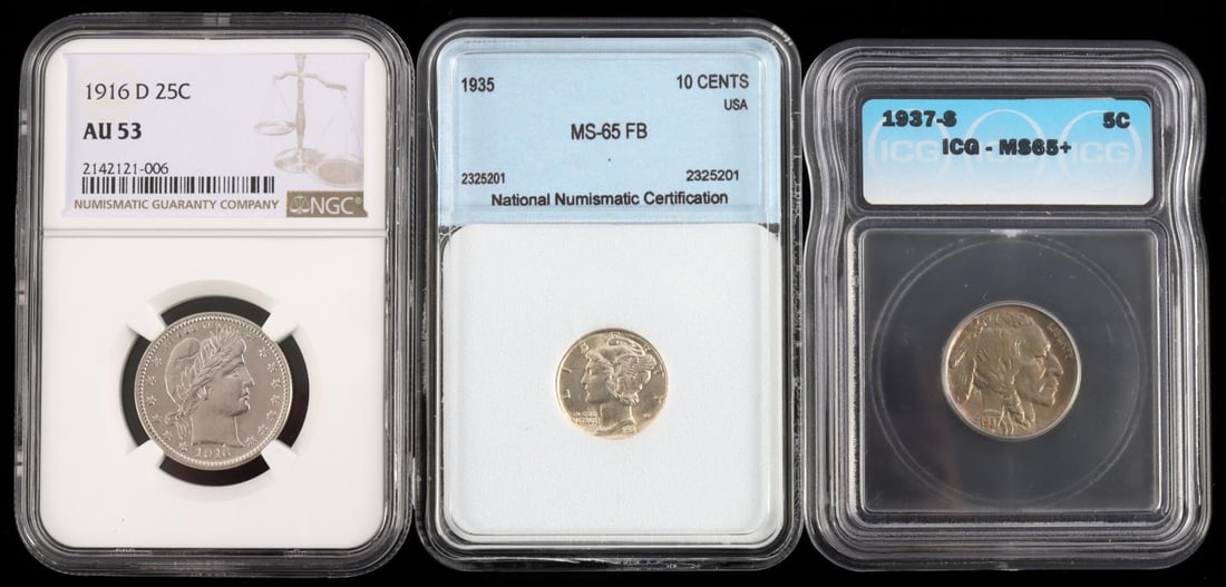 1916 D BARBER 25C 1935 MERCURY 10C 1937 BUFFALO 5C: Lot of 3 graded choice coins. 1916 D Barber Quarter NCG AU53, 1935 Mercury Dime NNC MS 65 FB, 1937-S Buffalo Nickel ICG MS 65+. Nice coin collector lot.