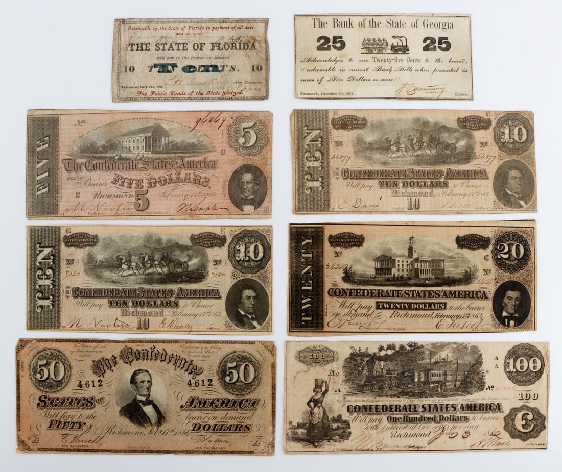 8 CONFEDERATE STATES BANKNOTE W FL. GA. FRACTIONAL: Includes 1861 $50, 1862 hand dated Bond for 100, Florida and Georgia Fractional, condition is F to XF, the bond has a hole at signature.