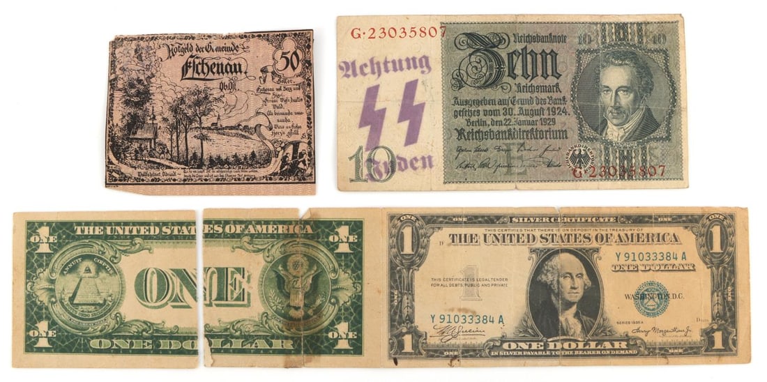 WWII FRENCH & GERMAN ANTI SEMITIC BANKNOTE LOT: The first is a U.S. Silver certificate Morgenthau signed, the note opens to a French anti Semitic rant, repaired and a free piece, also a Notgeld and Reichsmark, SS and Jude stamped.