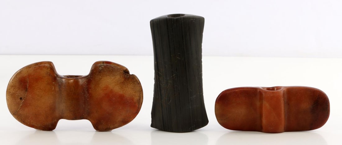 3 NATIVE AMERICAN BANNER STONES SLATE AND QUARTZ: Quartz Butterfly bannerstone (4.5 inches) has notable debitage, light erosion and contact marring. Winged banner stone (3 3/4 inch) has light overall erosion pitting with some debitage. The Slate Hour