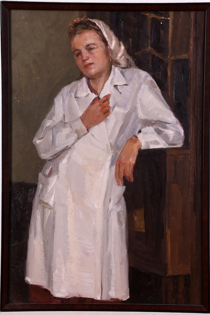PAULINA KOMOLOV STUDY OF A NURSE RUSSIAN PAINTING: Oil on canvas painting by Paulina Komolova (Russian, 1916-2008). In 1964, Paulina entered the USSR Artist's union. Her artworks are in the Voronezh Kramskoy Gallery and Museum. In very good condition.