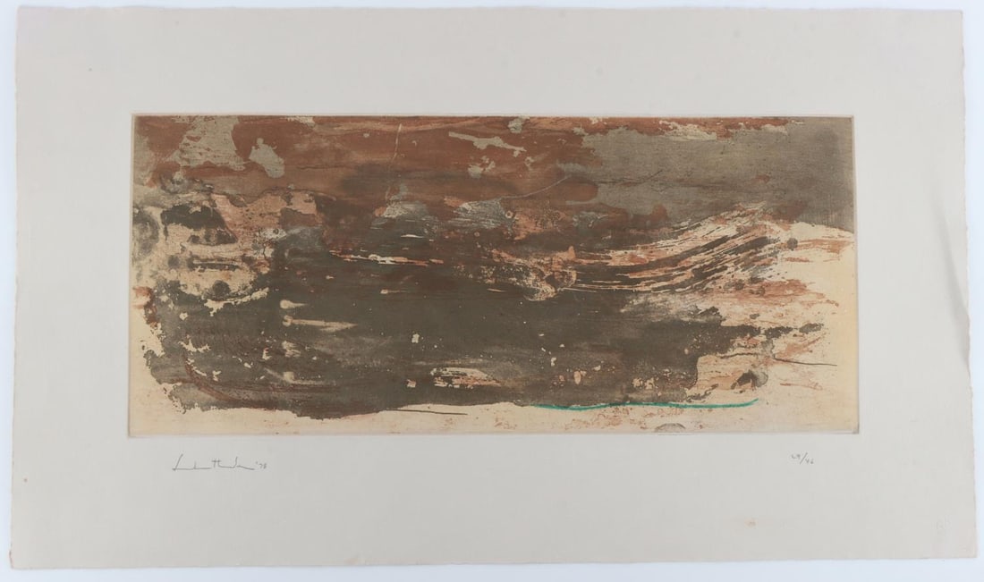 HELEN FRANKENTHALER EARTH SLICE 1978 AQUATINT: Helen Frankenthaler (American, 1928-2011) Title: Earth Slice, 1978. Etching and Aquatint, Numbered 29/46. Condition: Unframed, unmounted with some waving to sheet; possible surface dirt to margins but
