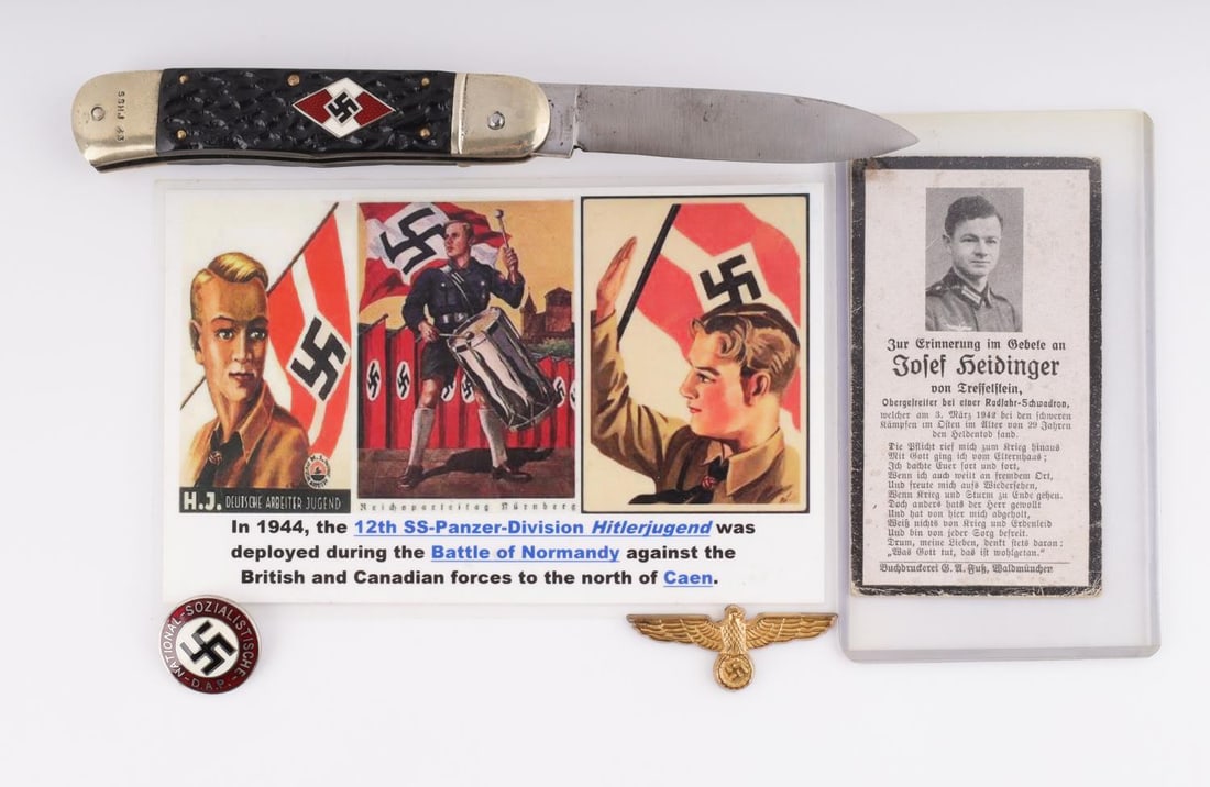 WWII GERMAN HITLER YOUTH SWITCHBLADE W DEATH CARD: Very nice original condition with strong working mechanism, opened measures 7 3/4 inches, on each side of pommel stamped SSHJ 43, the push button has SS Eagle and DRGM, Blade has SS Eagle on each side